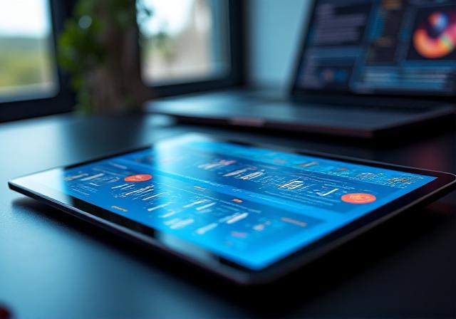 Modern dark-themed business intelligence dashboard on a tablet